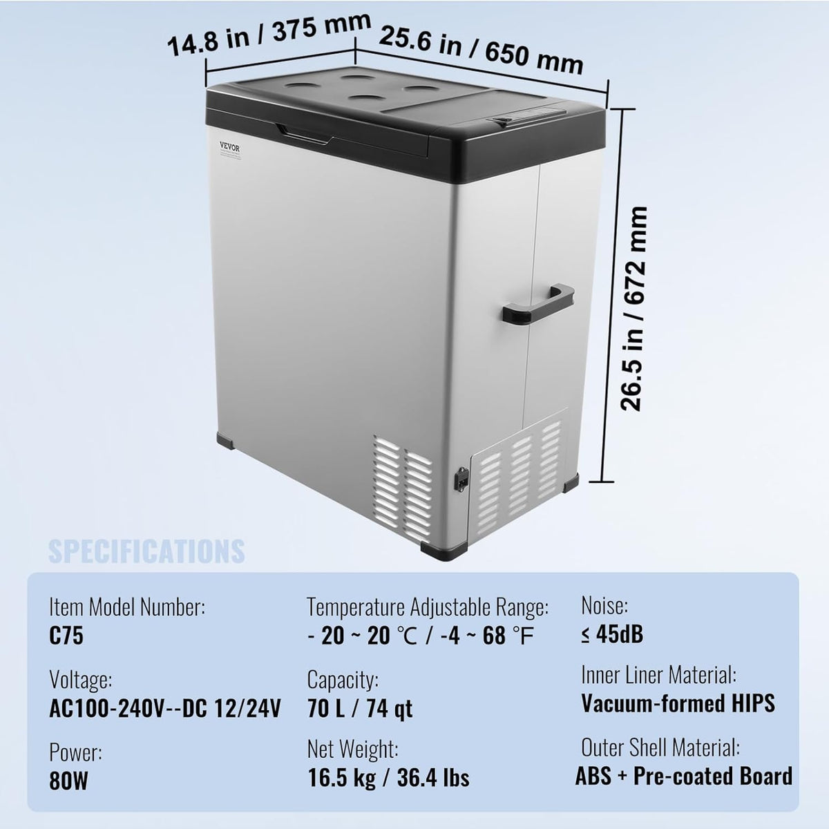 VEVOR C75, 12 Volt Auto Koelkast Koelkast, 70 liter (74qt) Single Zone Draagbare Vriezer, -4 °F -46 °F Verstelbaar bereik, 12/24V DC en 100-240V AC Compressor Koeler voor Buiten, Camping, RV, Zilver