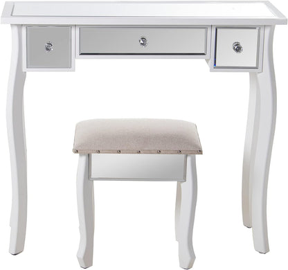 DRW Kaptafel met 3 laden van hout en spiegel en kruk in wit en spiegel 90 x 32,5 x 80 cm en kruk 40 x 34 x 43 cm