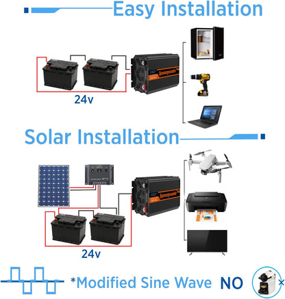 EDECOA 2000W Omvormer 24V naar 220V 230V Spanningsomvormer Gewijzigde Sinus Inverter Modified Sine Wave met Afstandsbediening LCD Scherm 2 EU Stopcontacten 2 USB Poorten