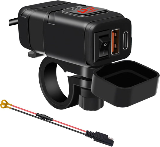 USB-stopcontact voor motorfiets, 18 W QC3.0 30 W PD USB-oplader voor motorfiets, waterdicht, snel opladen met schakelaar en led-voltmeter, US-B-stuur voor marine, auto, camper, SUV, boten