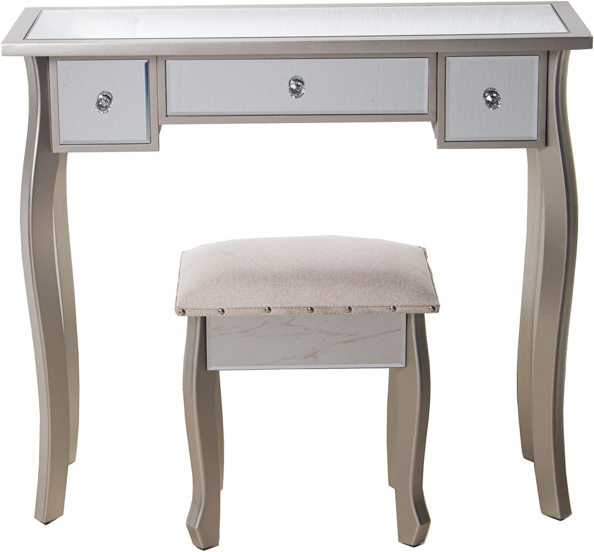 DRW Kaptafel met 3 laden van hout en spiegel met kruk in champagne en spiegel 90 x 32,5 x 80 cm en kruk 40 x 34 x 43 cm