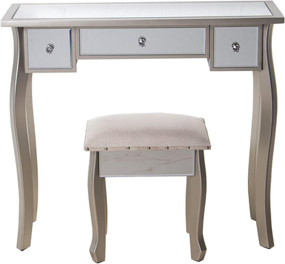 DRW Kaptafel met 3 laden van hout en spiegel met kruk in champagne en spiegel 90 x 32,5 x 80 cm en kruk 40 x 34 x 43 cm