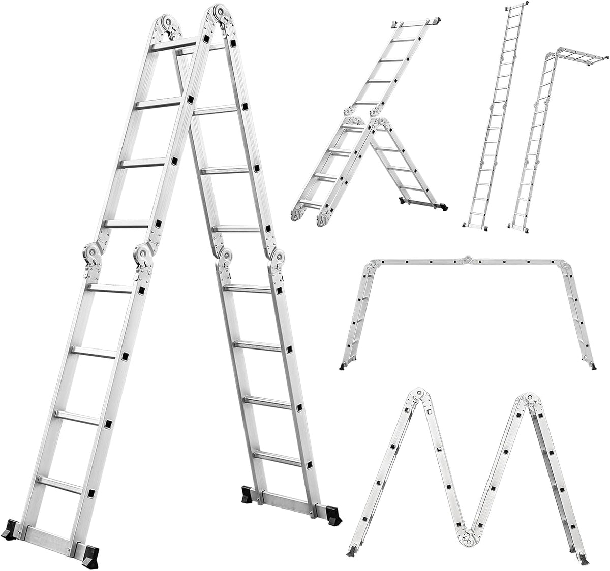 6-in-1 multifunctionele ladder, 4,7 m, inklapbare aluminium ladder, 4 x 4 scharnierende ladder met 16 treden, antislip, stabiel en robuust, tot 150 kg belastbaar, zilver