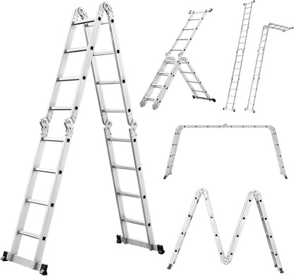 6-in-1 multifunctionele ladder, 4,7 m, inklapbare aluminium ladder, 4 x 4 scharnierende ladder met 16 treden, antislip, stabiel en robuust, tot 150 kg belastbaar, zilver
