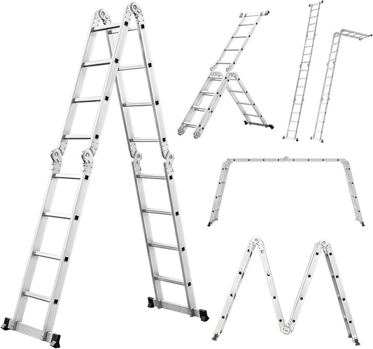 6-in-1 multifunctionele ladder, 4,7 m, inklapbare aluminium ladder, 4 x 4 scharnierende ladder met 16 treden, antislip, stabiel en robuust, tot 150 kg belastbaar, zilver