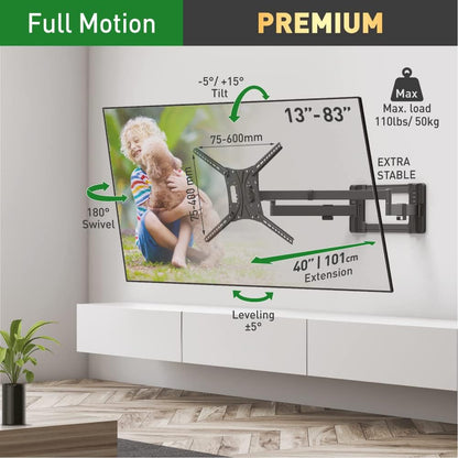 Barkan 1 meter lange tv-wandbeugel, 13-80 inch dubbele arm, zwenkbaar/volledige beweging plat en gebogen televisie tv-beugel, houdt tot 50 kg, extra stabiel, 101 cm, voor LED OLED LCD, max. VESA