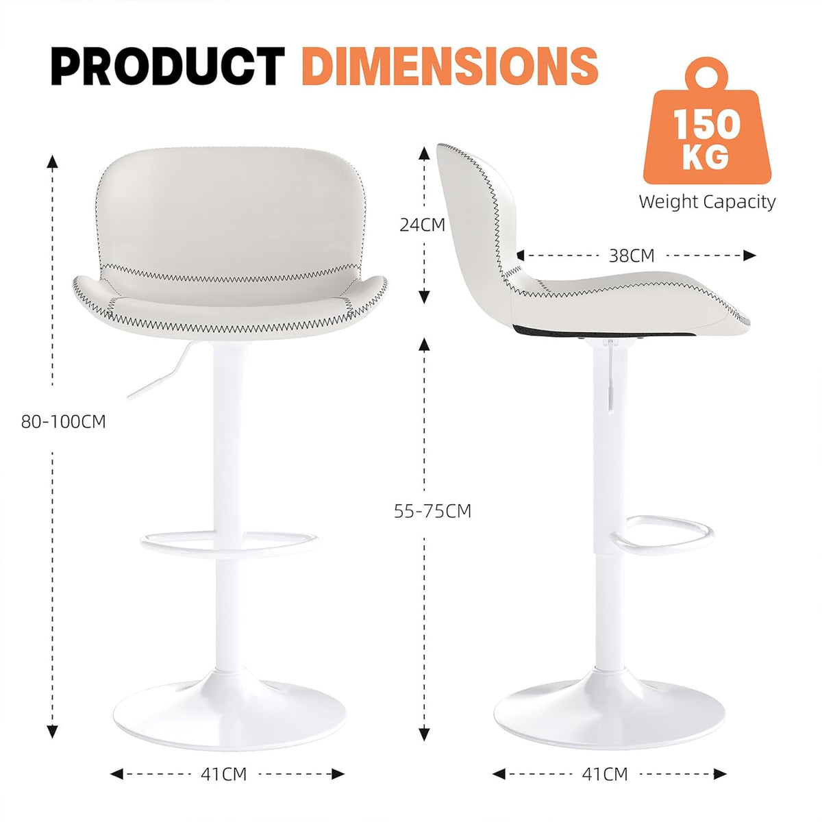 Youhauchair Barkruk, 2-delige set, in hoogte verstelbaar, van PU-leer, waterdicht en slijtvast, met rugleuning, draaibare barkruk, modern, wit