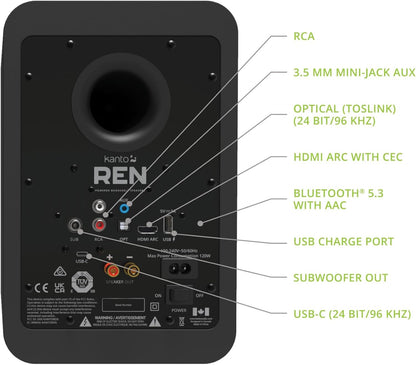 Kanto REN 200W Powered Speaker System with HDMI ARC Input for TV & Home Theater | USB-C and Bluetooth 5.3 | High/Low Pass Filter | Pair | Matte Black