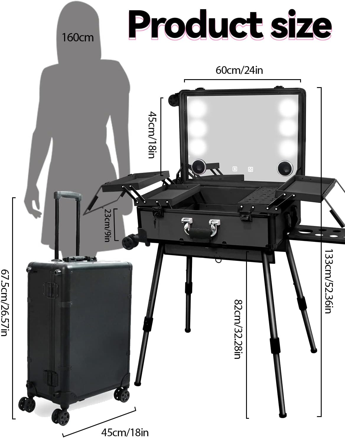 Professionele Make-up Koffer – Make-up Case – Make-up Trolley – Visagiekoffer – Cosmeticakoffer – LED Spiegel Met 3 Lichtkleuren – Bluetooth Speaker