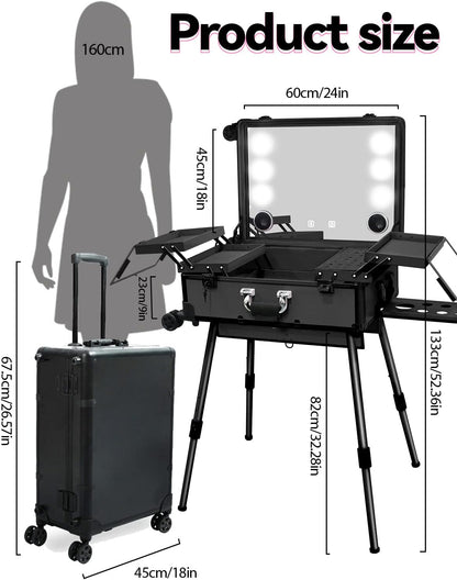 EBANKU Professionele Make-upkoffer, Rolling Makeup Travel Case Trolley Cosmetic Case met Verlichte Spiegel en Bluetooth, Multifunction Artist Cosmetic Case Hairdressing Trolley