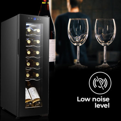 Nilson NVN1200S Wijnkast, 12 flessen, zwart, 44 dB, geluidsniveau, enkele temperatuurzone, digitaal display, led-binnenverlichting, glazen deur, opening, energie-efficiëntieklasse G