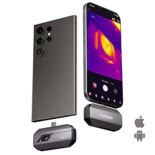 TOPDON Warmtebeeldcamera TC002C Duo voor Android/iOS, 512 x 384 TISR hoge resolutie, -20-550 °C, 25 Hz, voor smartphone/tablet/pc, USB-C/Lightning, infrarood camera voor elektrische, lekkage- en