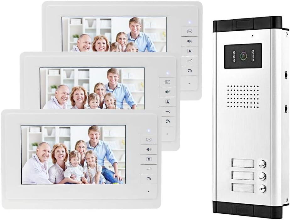 7 inch video-deurintercomsysteem, kleur bekabeld, infrarood deursysteem, nachtzichtcamera + binnenmonitor voor 2/3 woningen (3 monitoren)