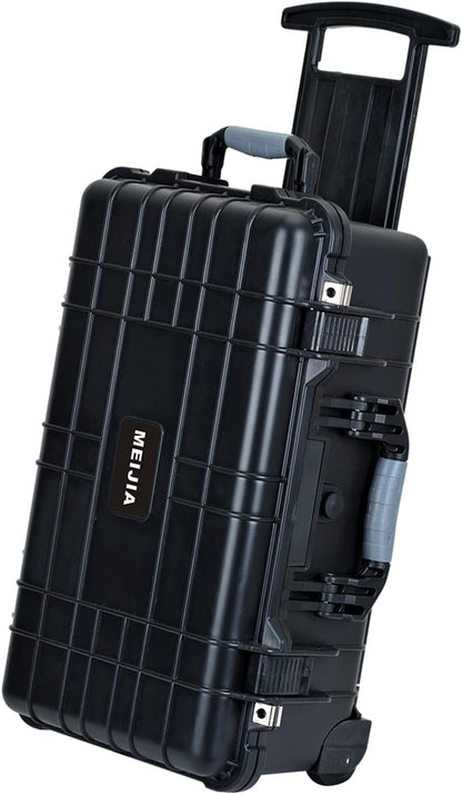 MEIJIA All Weathe waterdichte harde hoes met intrekbare trekgreep en rollende wielen, aanpasbare pasvorm schuim ingevoegd, geschikt voor camera, drones, apparatuur, elegant zwart, Zwart, 22"X13.81"X9