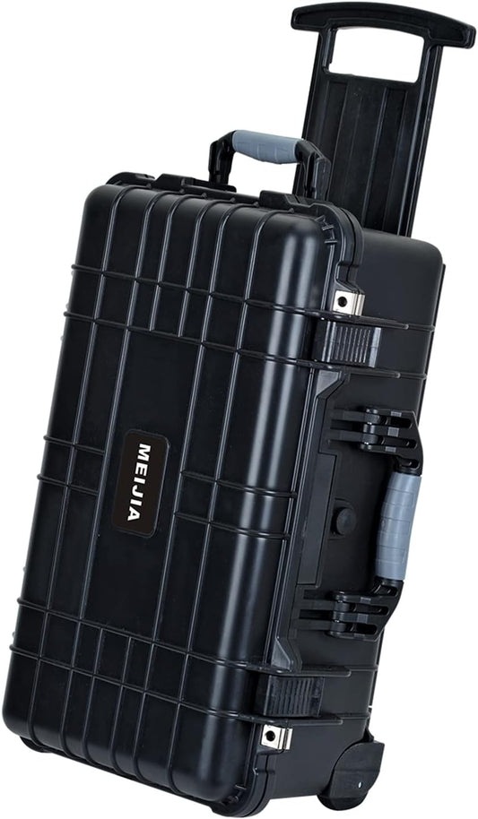 MEIJIA All Weathe waterdichte harde hoes met intrekbare trekgreep en rollende wielen, aanpasbare pasvorm schuim ingevoegd, geschikt voor camera, drones, apparatuur, elegant zwart, Zwart, 22"X13.81"X9