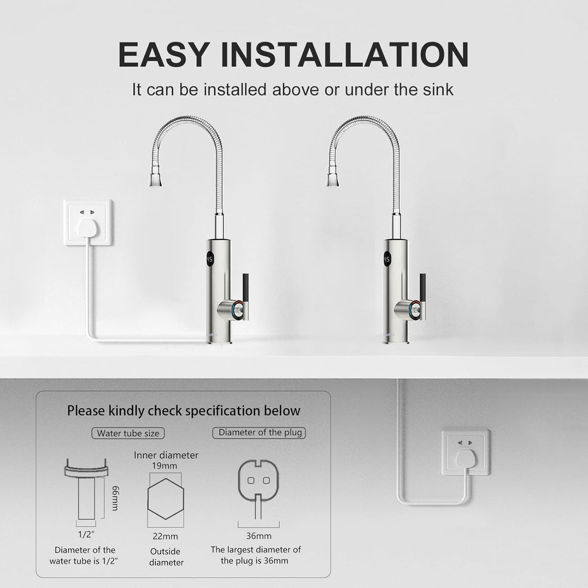 Instant waterverwarmingskraan, 220 V doorstroomboiler, waterkraan voor de keuken, met universele uitloop, roestvrij staal, elektrische verwarmde kraan met digitaal display (zilver)