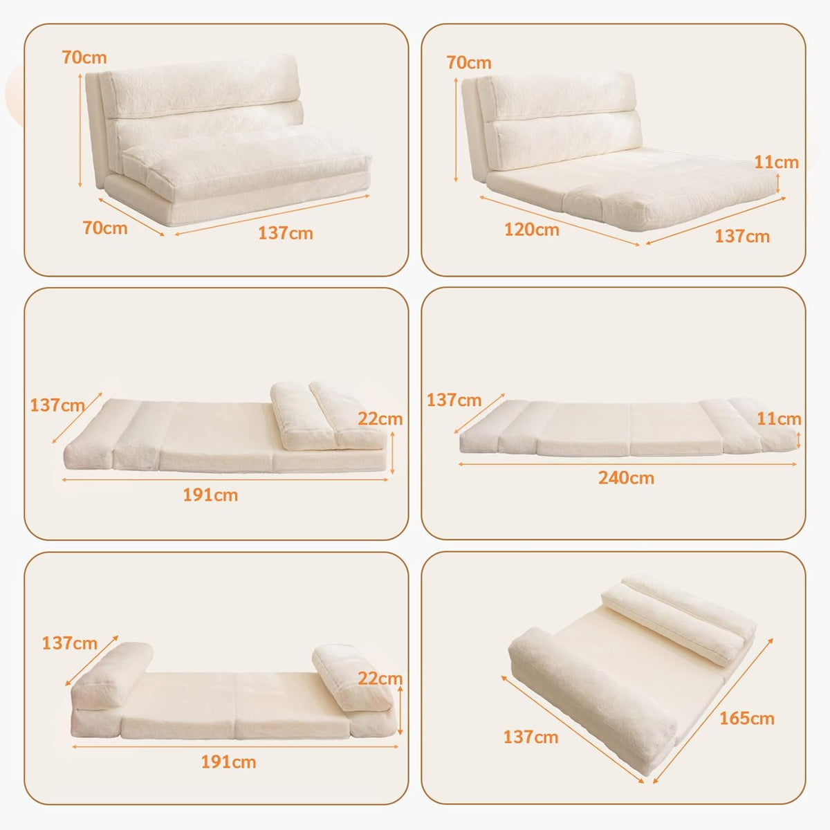 MAXYOYO Bean Bag Bed Foldable Sofa Bed Floor Mattress for Adults, Extra Thick 6 Fold Floor Sofa Floor Sofa Floor Sofa for Bedroom Living room,Beige,135x240cm