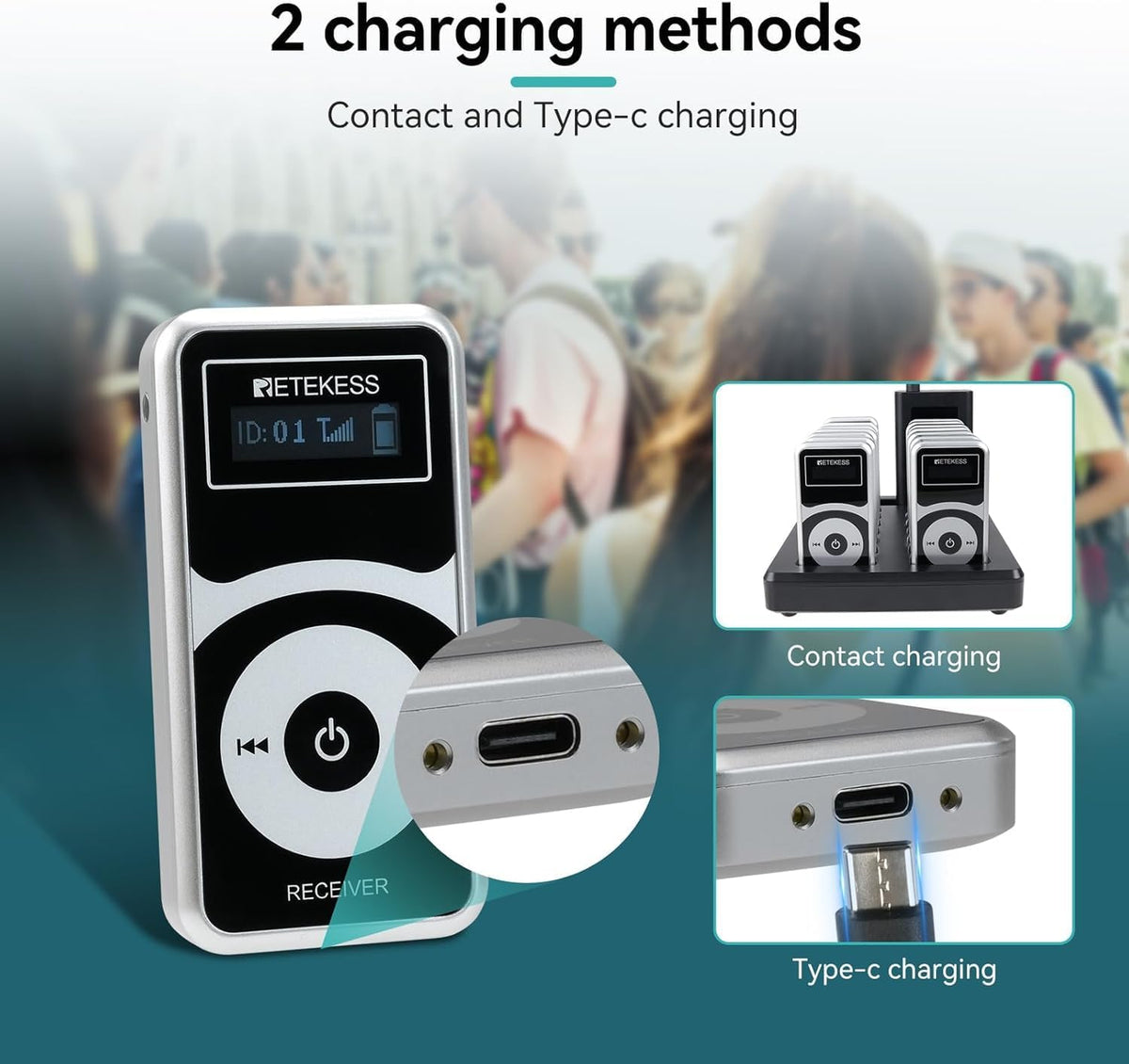 Retekess T130 Pro Audio Tour Guide System,Tourgidssysteem, Graded Noise Reduction, 100m, 49 kanalen, Type-c Opladen, Lange Standby-tijd 30 uur, D-vormige Hoofdtelefoon voor Toerisme