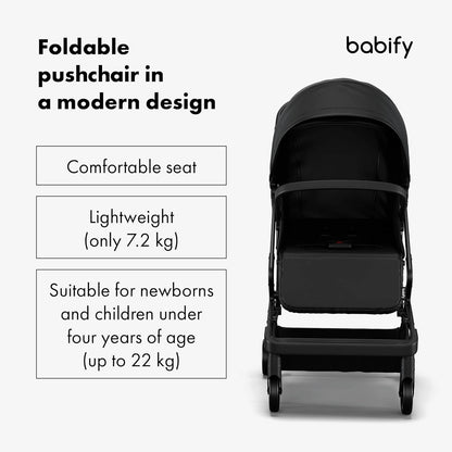 Babify Urban Ease Kinderwagen - Geboorte tot 4 jaar (22 kg), Met één hand in te klappen, Verstelbare rugleuning & voetensteun, Uitneembare bekleding, Kap met venster, Compact, Zwart