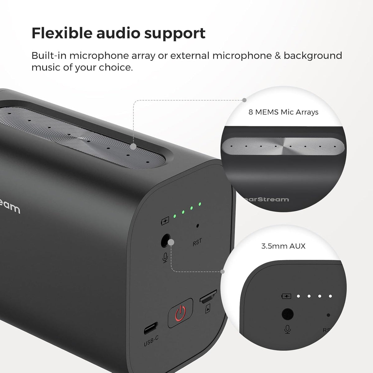 NearStream Draadloze streaming-camera, 2K StreamCam met 40-voudige hybride zoom, multi-cam-ondersteuning, 8 microfoons met ruisonderdrukking, 6 uur batterij, webcam voor YouTube/Twitch/RTMP/Facebook