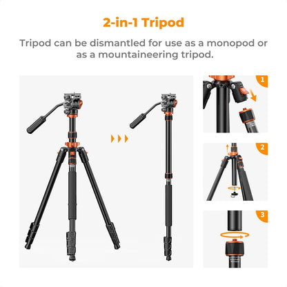 K&F Concept Camera Statief 200cm, Video Statief met Fluid Head voor Pan en Tilt, Camera Statief met Monopod, Arca Swiss Compatible voor DSLR's Belasting: 5kg