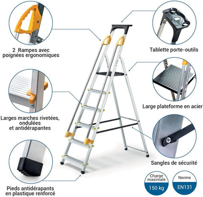 HOSTROM Veilige trapladder met 6 treden met hellingen, gereedschapshouder, inklapbaar, aluminium, platformhoogte 119 cm,