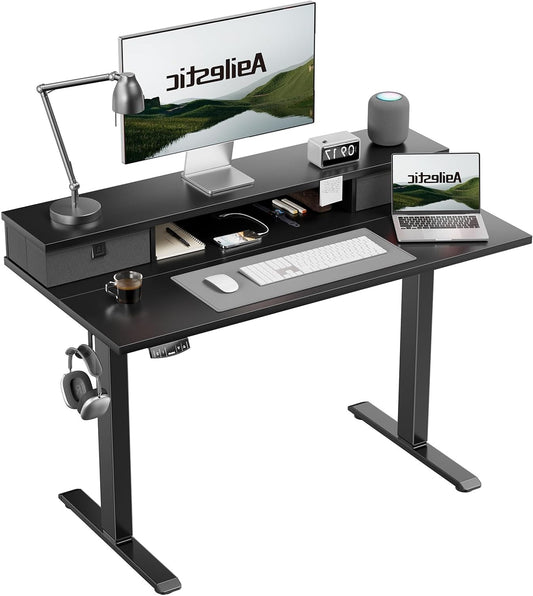 In hoogte verstelbaar bureau – Sta bureau – Zit sta bureau – Werkplek bureau – Elektrisch bureau – 100 x 60 cm – 2 Opberglades – Stil motor geluid