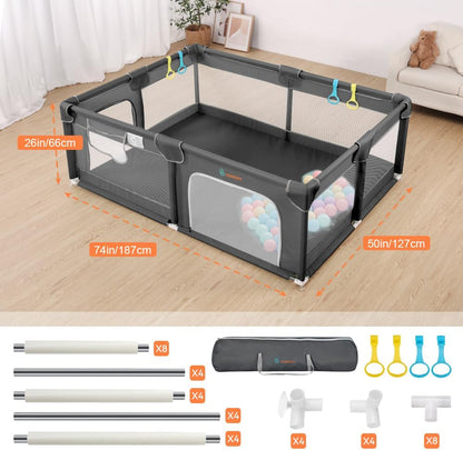COMOMY Playpen for Babies and Toddlers, 188 x 127 x 66 cm Extra Large, Baby Playpen 4 Pull Rings, Soft and Breathable Net, Activity Centre for Kids, Dark Grey - QUORE
