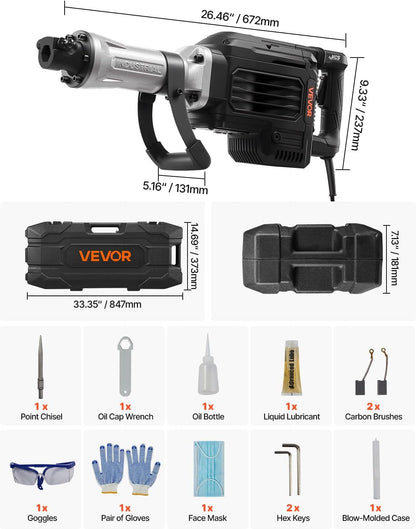 VEVOR Demolition Jack Hammer, 3000 W Powerful Electric Hammer, Concrete Crusher 1700 BPM with Point Chisel, Carry Bag, Gloves, Goggles, for Concrete, Wall, Brick, Tiles and Foundation
