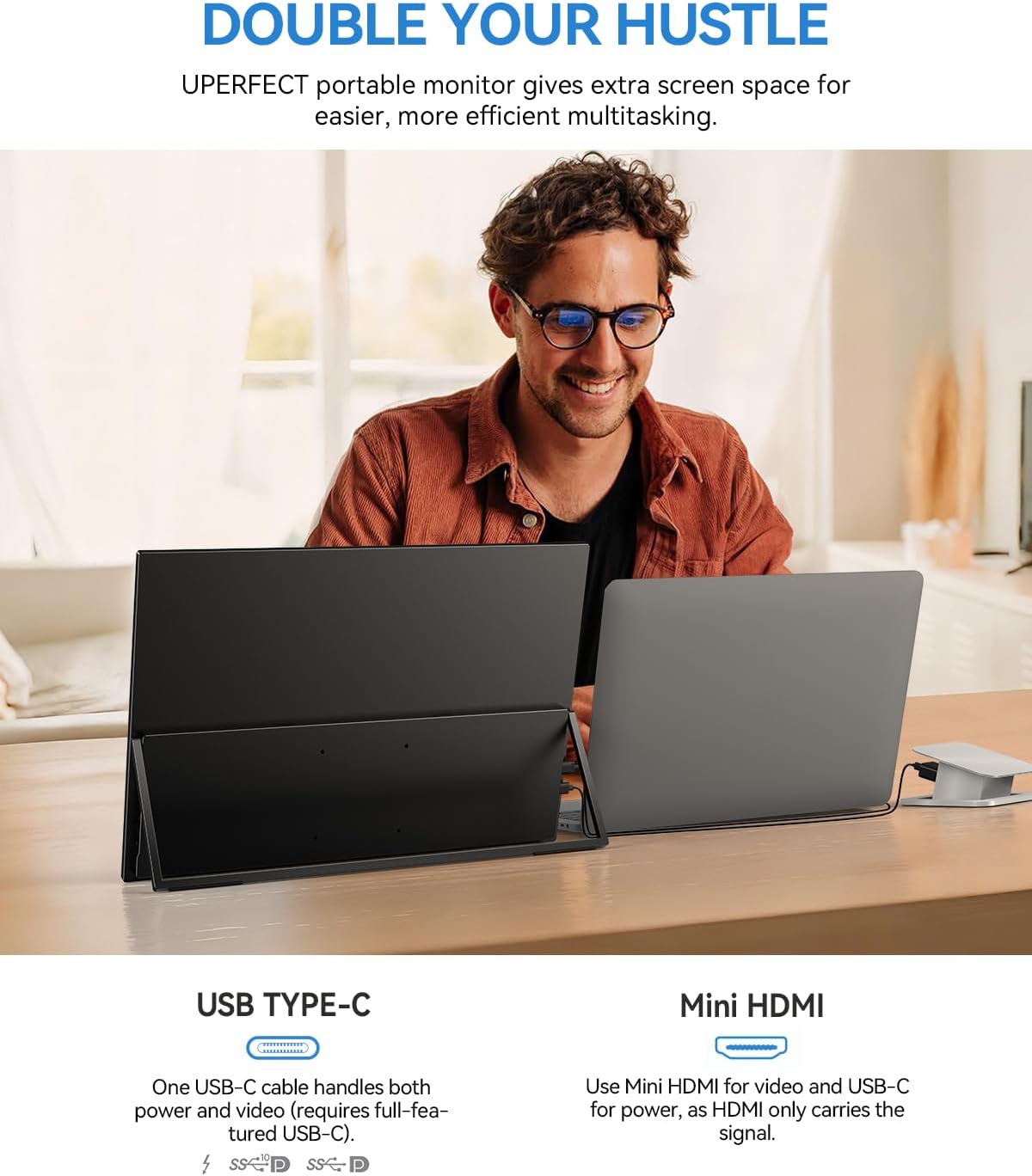 UPERFECT Draagbare Monitor 17,5 inch, 1920×1200P FHD Portable Monitor 16:10 125% sRGB 1500:1 IPS met USB-C & HDMI, Ultradun - Oogbescherming - Extern Tweede Scherm voor pc/Mac/PS3/4/5/Xbox