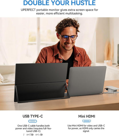 UPERFECT Draagbare Monitor 17,5 inch, 1920×1200P FHD Portable Monitor 16:10 125% sRGB 1500:1 IPS met USB-C & HDMI, Ultradun - Oogbescherming - Extern Tweede Scherm voor pc/Mac/PS3/4/5/Xbox
