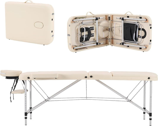 Massagetafel Beige – Behandeltafel – Massagebed – Tattootafel – Cosmetische Tafel – Opvouwbaar, Lichtgewicht Aluminium