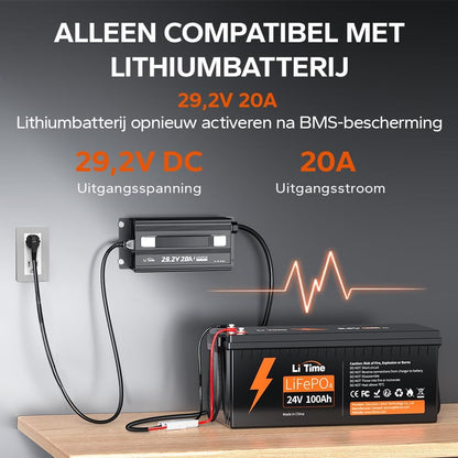 LiTime 29,2V 20A LiFePO4 Lithium Batterijlader, Opzetbare LiFePO4 Acculader met Koelventilator en Meerdere Veiligheidsbeveiligingen, Li-ion Acculader is Ontworpen voor het Opladen van LiFePO4-accu's