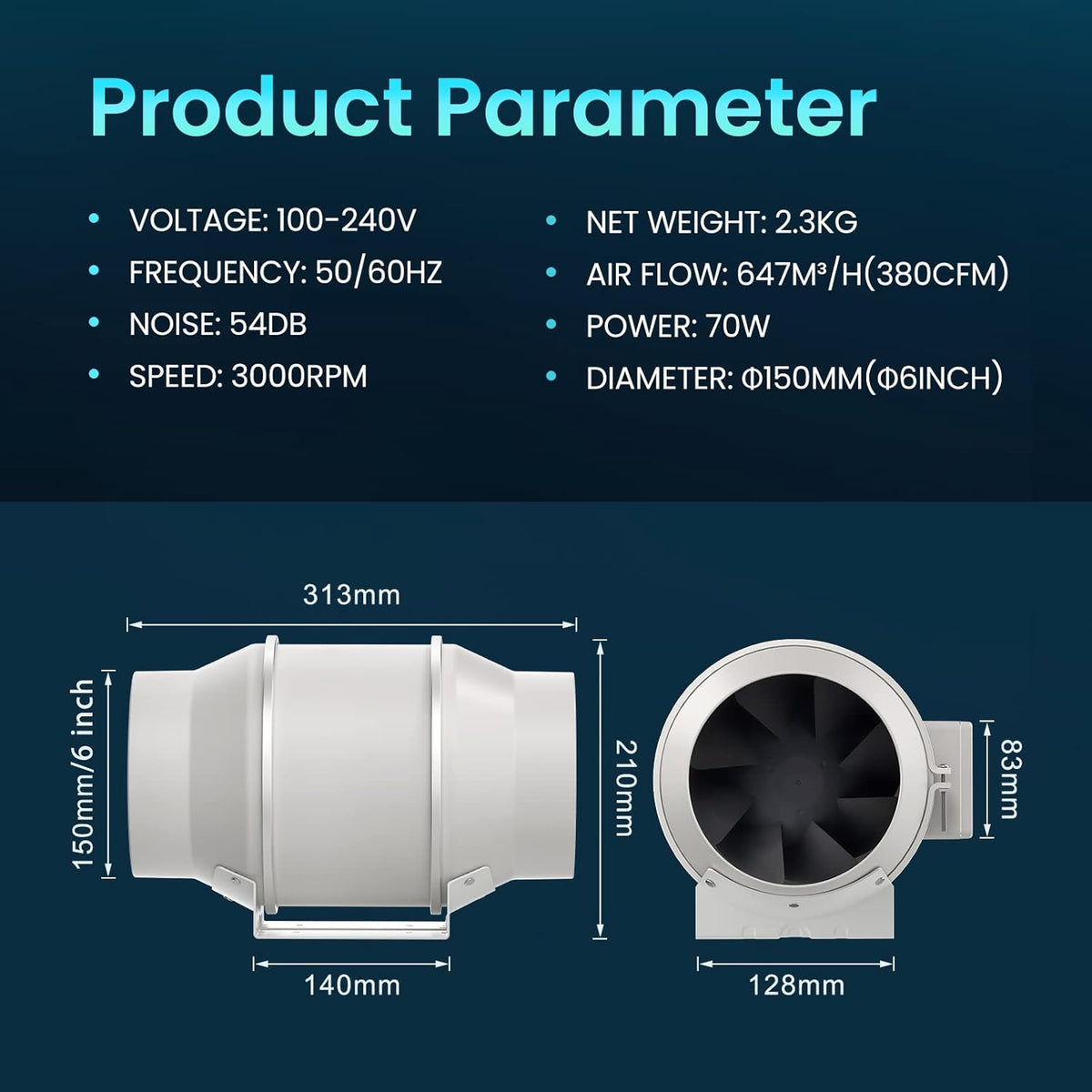 HG Power Luchtventilator Variabele Snelheidsregelaar 150mm voor Badkamer Werkplaats, Hydrocultuur, 110V-240V, EC-motor