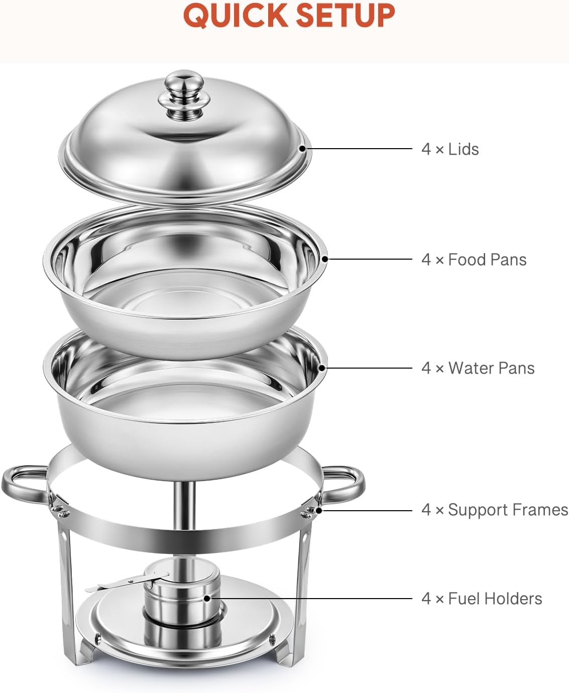 Wilprep Chafing dish rond 5 liter, Buffet set van 4, RVS voedselwarmer kit, Bain Marie Ø 34 cm met brandpasta houders, voor restaurant catering partijen bruiloften picknicks feest