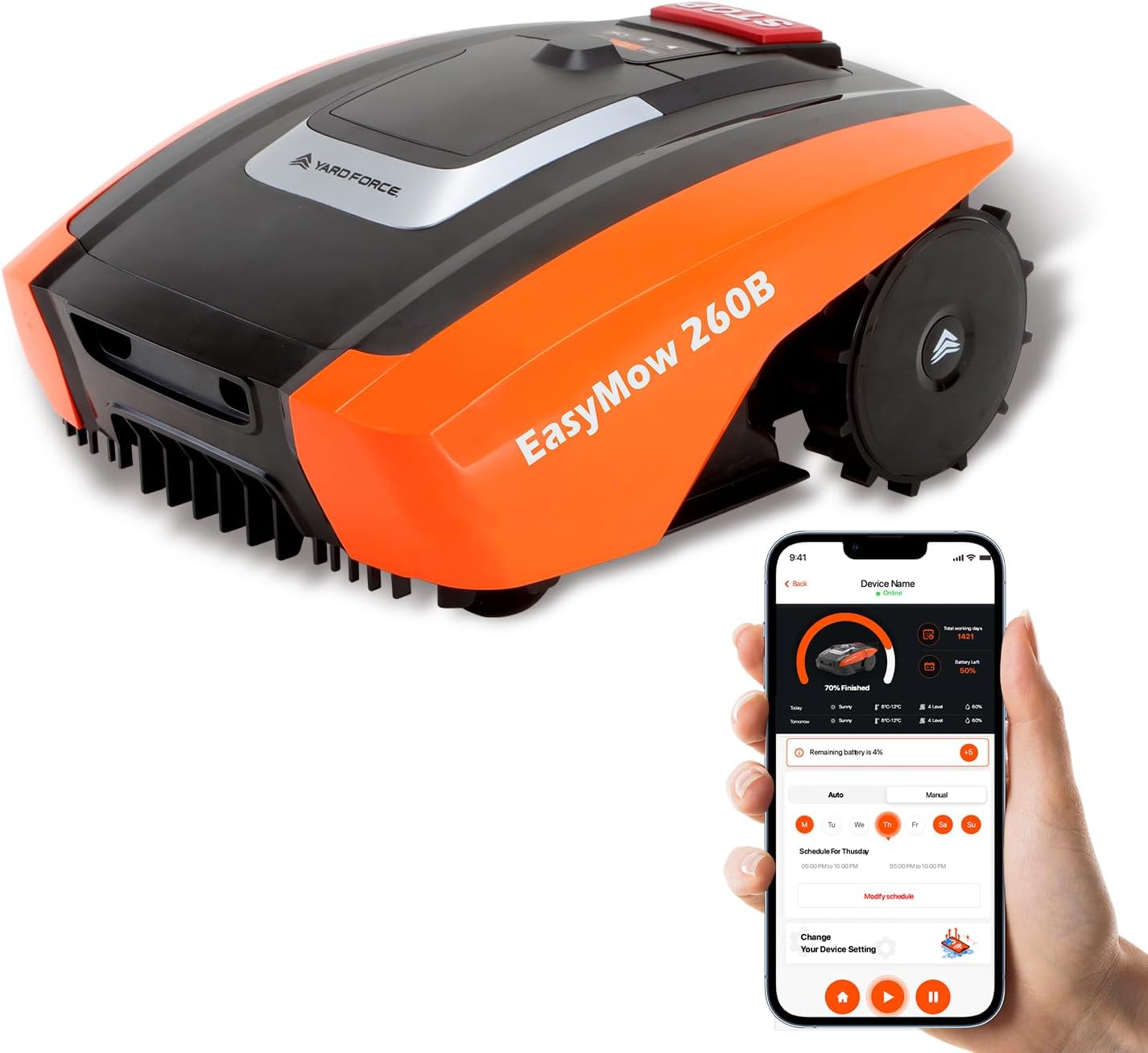 Yard Force EasyMow 260B Robotmaaier, tot 260 m², zelfrijdende robotmaaier, eenvoudige bediening, bediening via Bluetooth en app, 30% helling en 20 V/2,0 Ah lithium-ion-accu,zwart/oranje