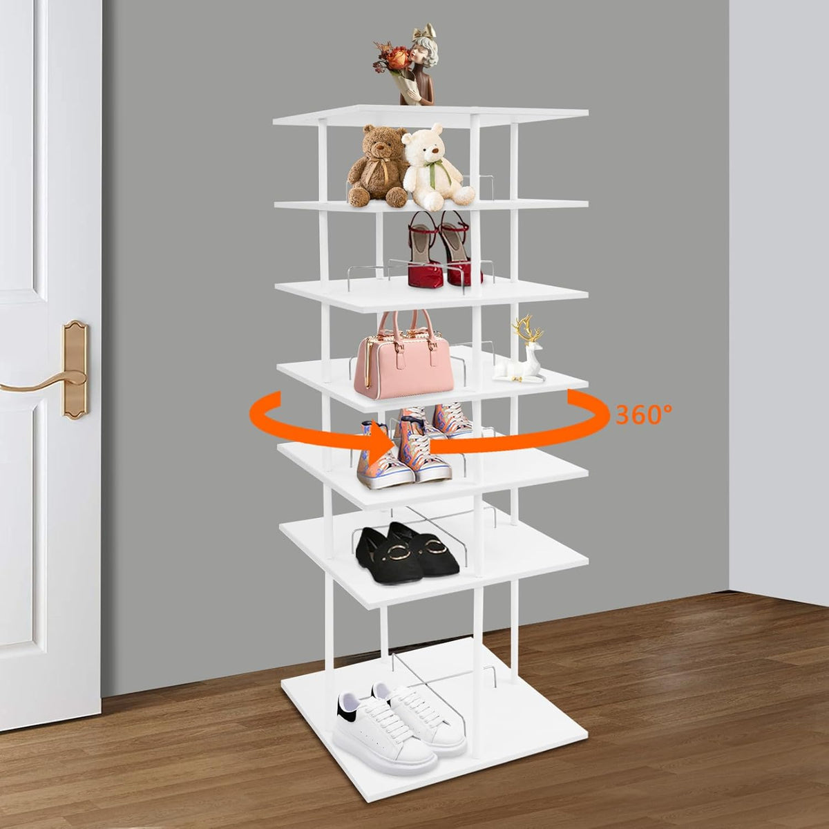 360° Floor Stand Rotating Shoe Organiser, Shoe Rack, Rotating Shoe Rack, Multi-layer Shoe Stand, Swivel for Placement, Shoes, Hats, Handbags etc. (6 Floors, White) - QUORE