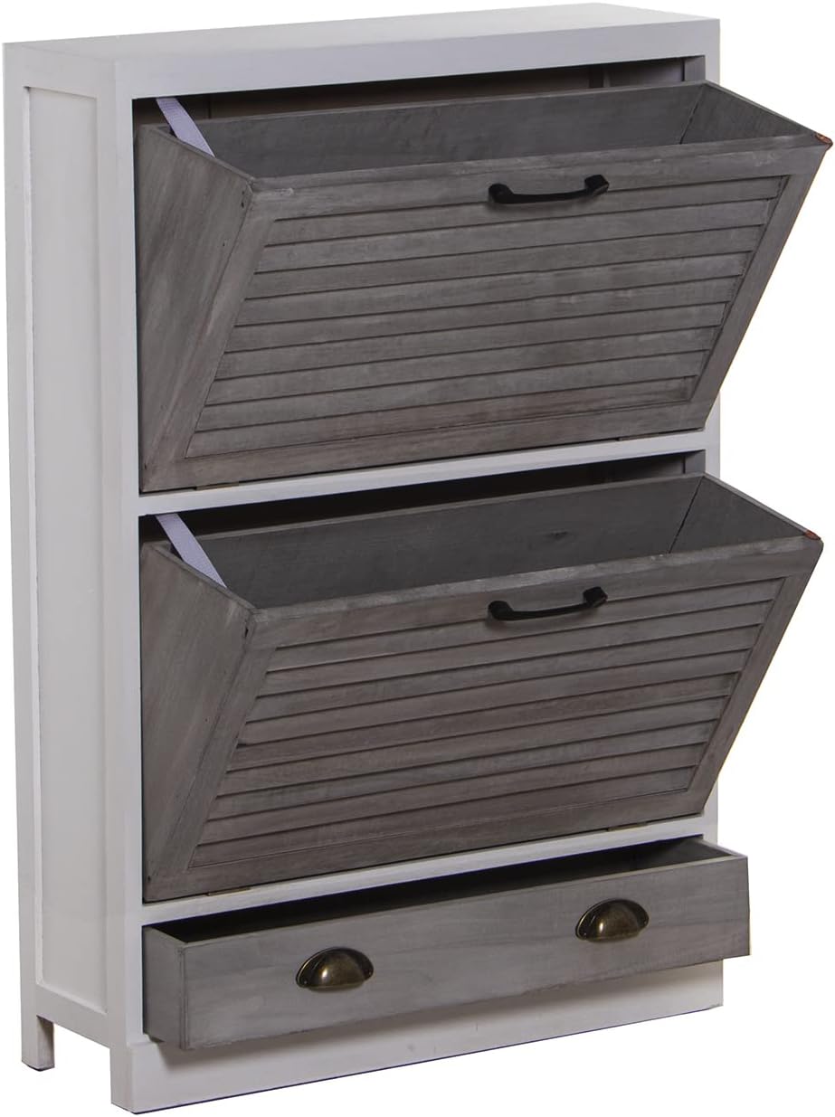 DRW Schoenenkast met 2 deuren en 1 lade van Paulownia in wit en grijs, 65 x 20 x 94 cm