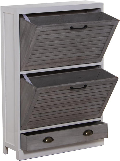 DRW Schoenenkast met 2 deuren en 1 lade van Paulownia in wit en grijs, 65 x 20 x 94 cm