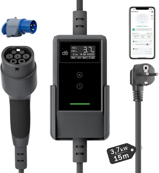 dé EV Charger Type 2 met APP 3,7kW [15m, 1-Fase, 6-16A] Thuislader Type 2 met Digitaal Display, Instelbare Stroom, EV Oplader 3,7kW voor Model Y/3, ID.3/4, EX30, Enyaq en andere EV/PHEV