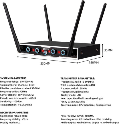D Debra UHF draadloos microfoonsysteem, 4x16 instelbare kanalen, dynamische handheld microfoons, automatische frequentiesynchronisatie, 80m bereik voor zang en karaoke (4 microfoons)