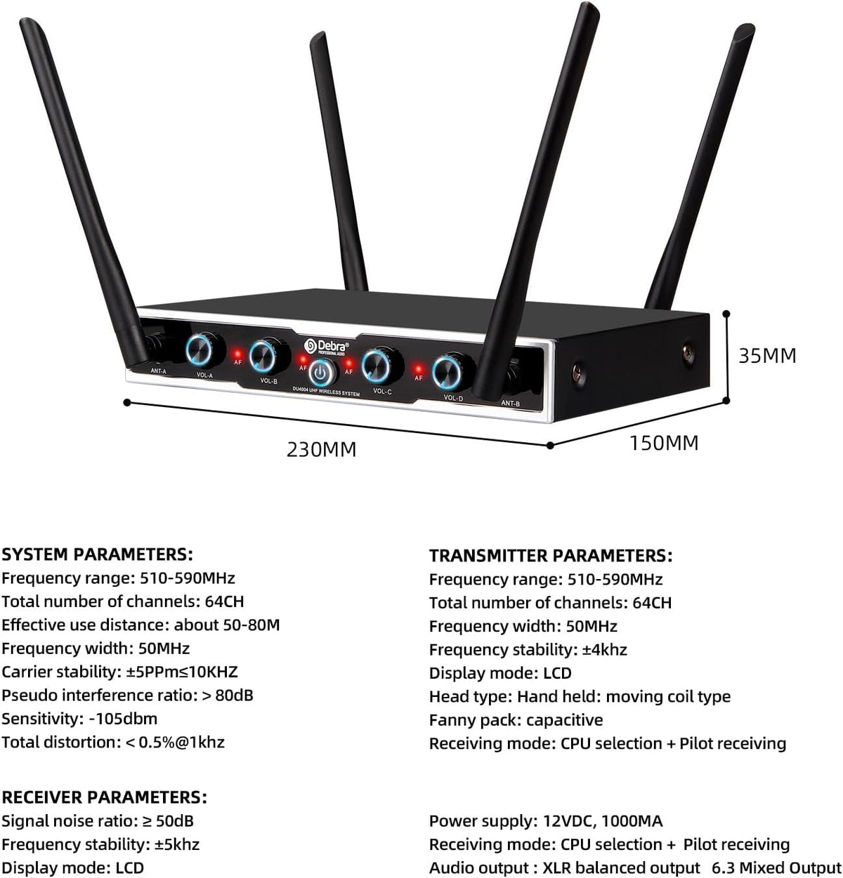 D Debra UHF draadloos microfoonsysteem, 4x16 instelbare kanalen, bodypack-zender, headset microfoon, 80m bereik, ideaal voor vergaderingen, kerkdiensten, toespraken, feesten (4 bodypacks)