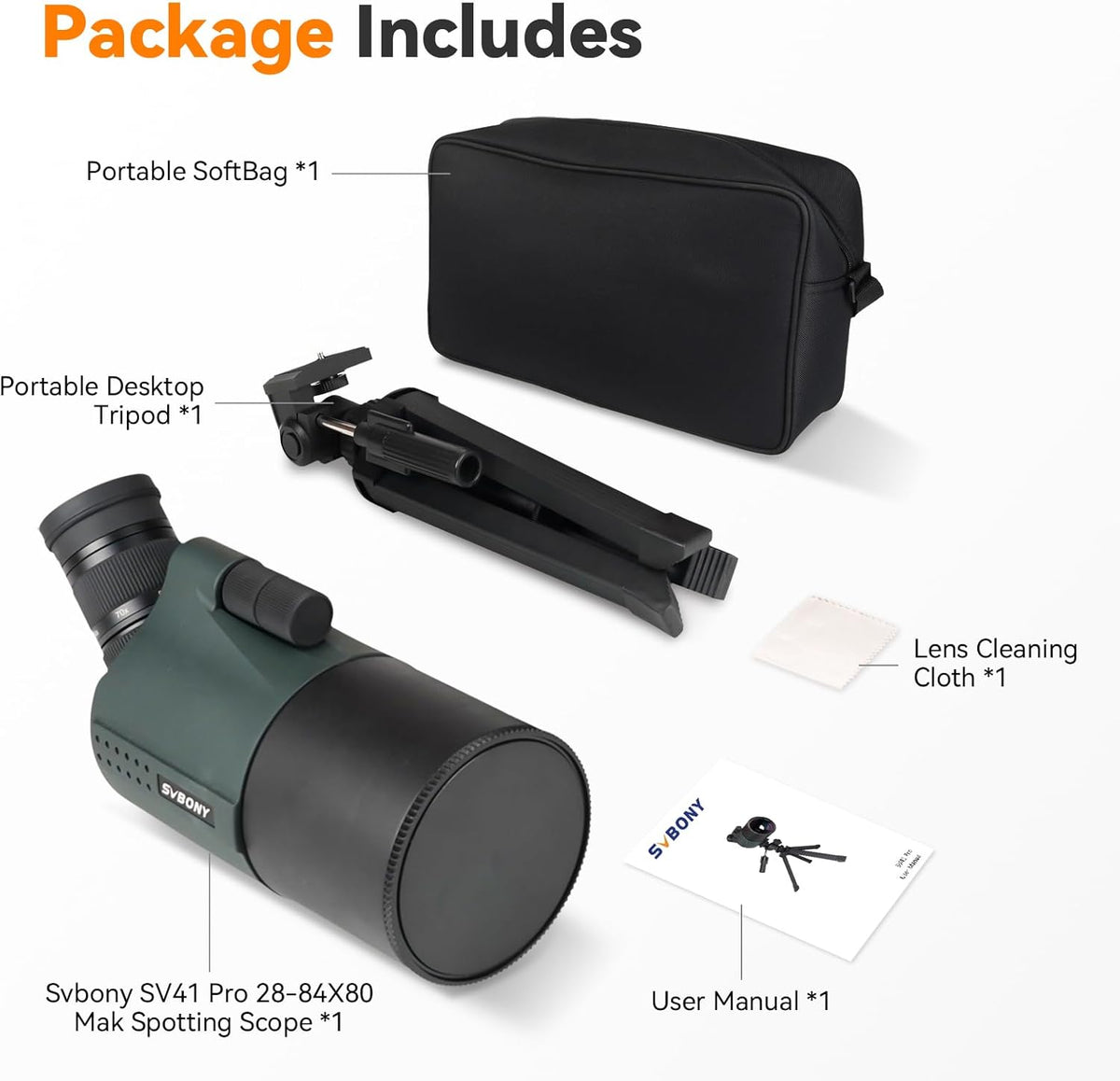Svbony SV41Pro Mak Spotting Scope met Statief, 28-84X80 FMC Focus op Dubbele Snelheid, 1,25" Afneembaar Oculair, Waterdichte Spotting Scopes voor Vogels Kijken Wildlife Boogschieten Sterrenkijken