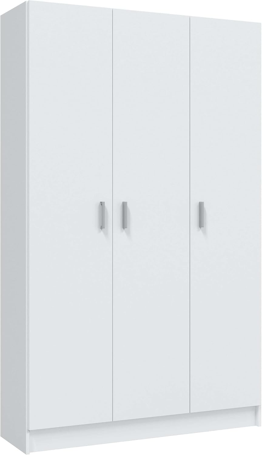 Multifunctionele kledingkast met drie vleugeldeuren en drie verstelbare planken, kleur wit, afmetingen 109 x 37 x 180 cm
