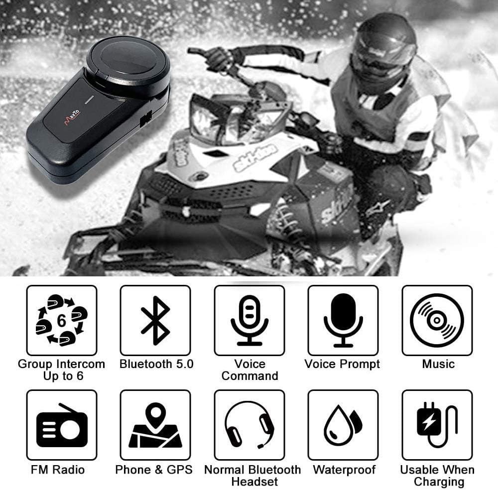 QSPORTPEAK Motorhelm Bluetooth Headset Communicatiesystemen Kit, 2 stks M2 1000M 6 Rijders Helm Bluetooth Intercom met Ruisonderdrukking, BT5.0/FM Radio/Siri/Universele koppeling/Waterdicht