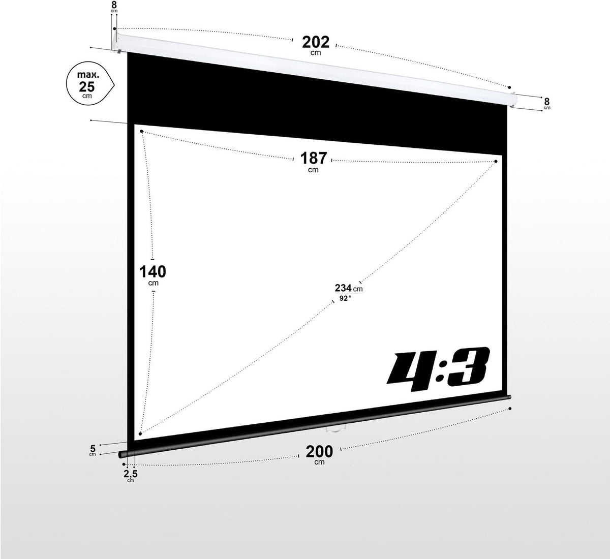 ESMART Professioneel MIROLO rolgordijnscherm [maatkeuze] 187 x 140 cm (92") 4:3 | volledig maskeren | thuisbioscoop beamer projectiescherm rolgordijn canvas LCD LED