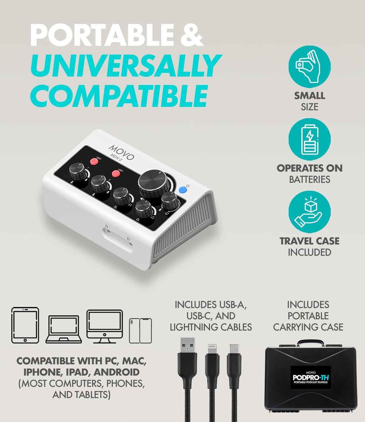 Movo Draagbare podcast-apparatuurbundel voor iPhone/Android-telefoons - Podcastkit met audio-interface, 2 CastMic dynamische microfoons, 2 koptelefoons, 2 bureaustandaards - voor smartphones,