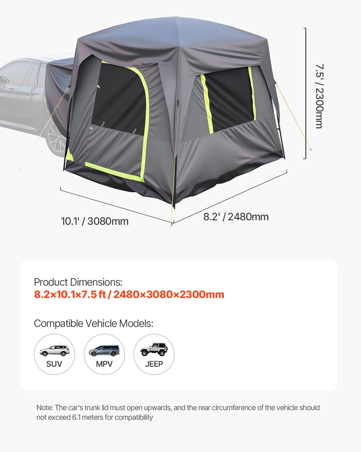 VEVOR Campingtent voor SUV, PU 2000 mm, waterdicht, ruim dubbellaags design voor 5-8 personen, met netramen, inclusief luifel en opbergtas, 2480 x 3080 x 2300 mm