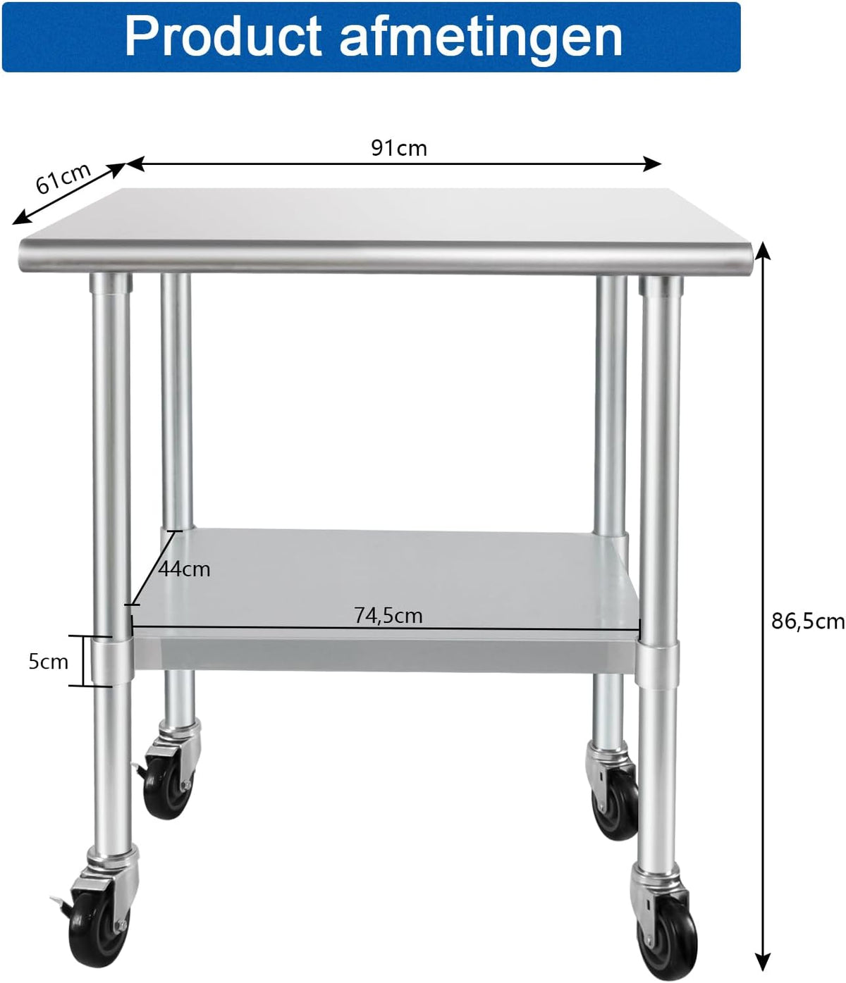 HARDURA Roestvrij Staal Tafel met Wielen 61×91 cm Rollen Zware Duty Commercieel Voedselbereidingstafels met Onderkast en Gegalvaniseerde Benen voor Restaurant Keuken Bar Hotel en Garages