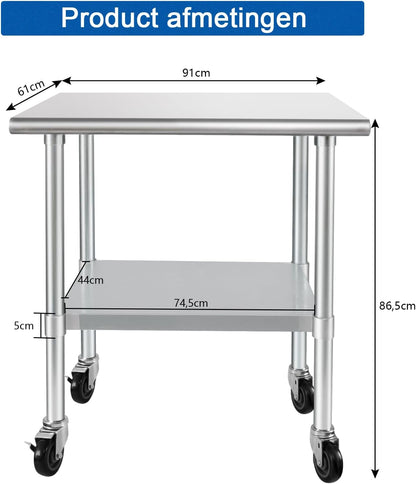 HARDURA Roestvrij Staal Tafel met Wielen 61×91 cm Rollen Zware Duty Commercieel Voedselbereidingstafels met Onderkast en Gegalvaniseerde Benen voor Restaurant Keuken Bar Hotel en Garages
